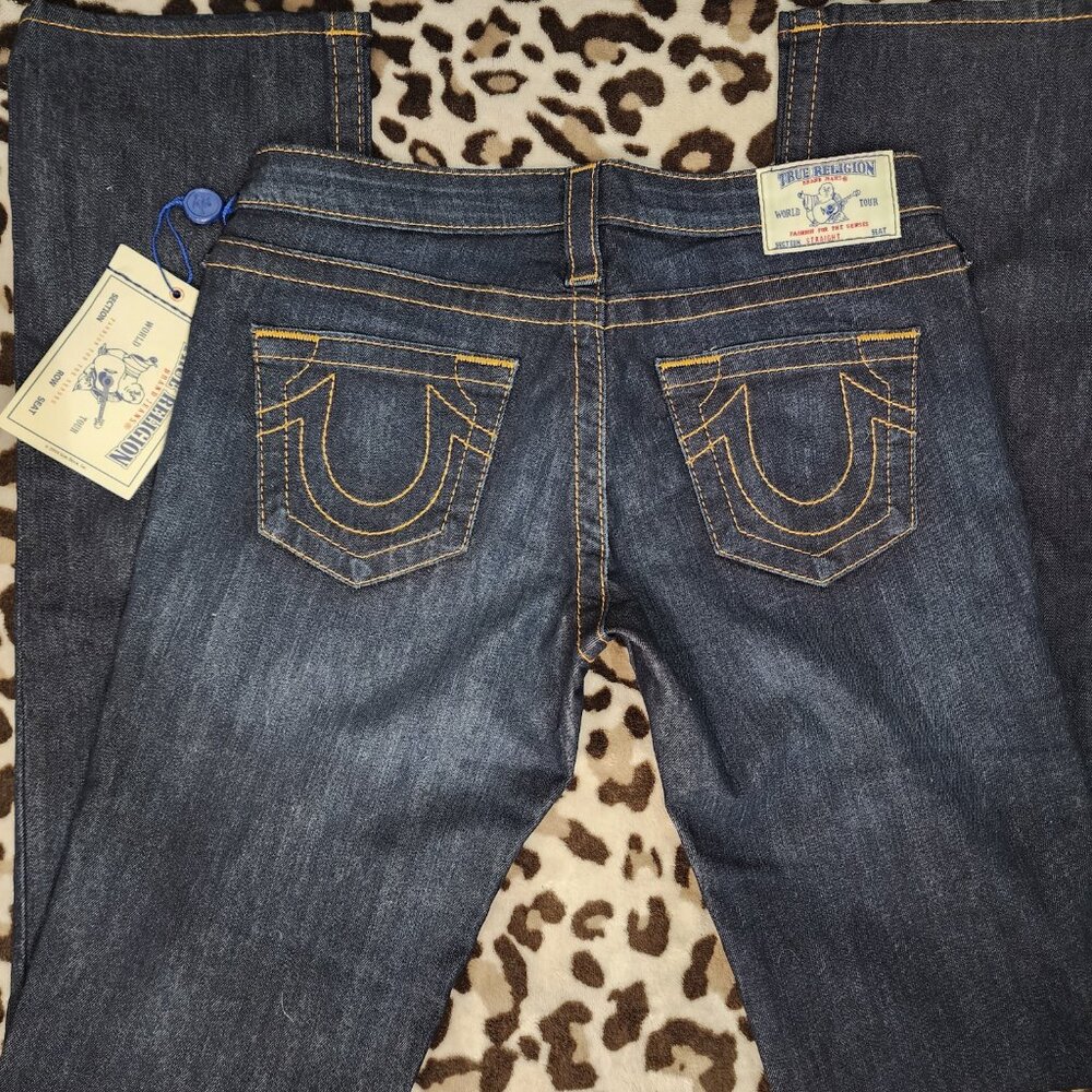 NWT True Religion Jeans Womens 27 x 33 Straight Leg Dark Blue Low Rise